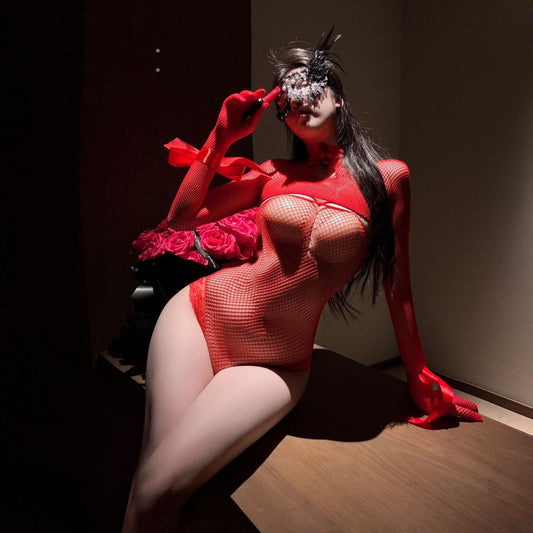 Seductive Lace - Up Mesh Bodysuit - Long Sleeve Sheer Lingerie - EaseMode Wellness