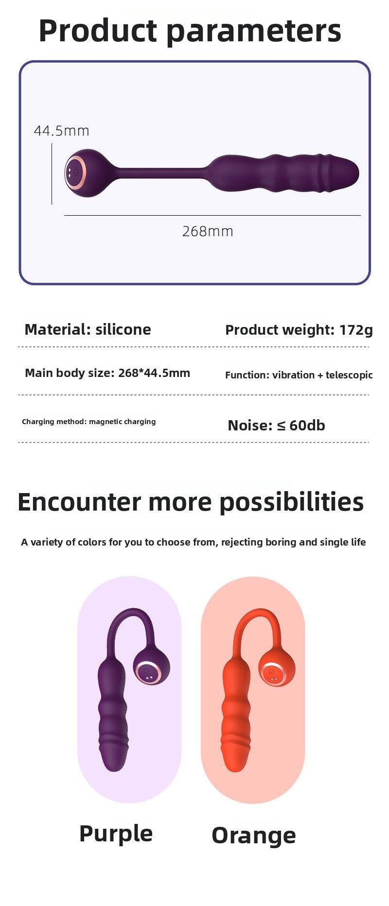 Telescopic Thrusting Vibrator in purple color with 268mm length and 44.5mm width, made of silicone for enhanced pleasure and body-safe use.