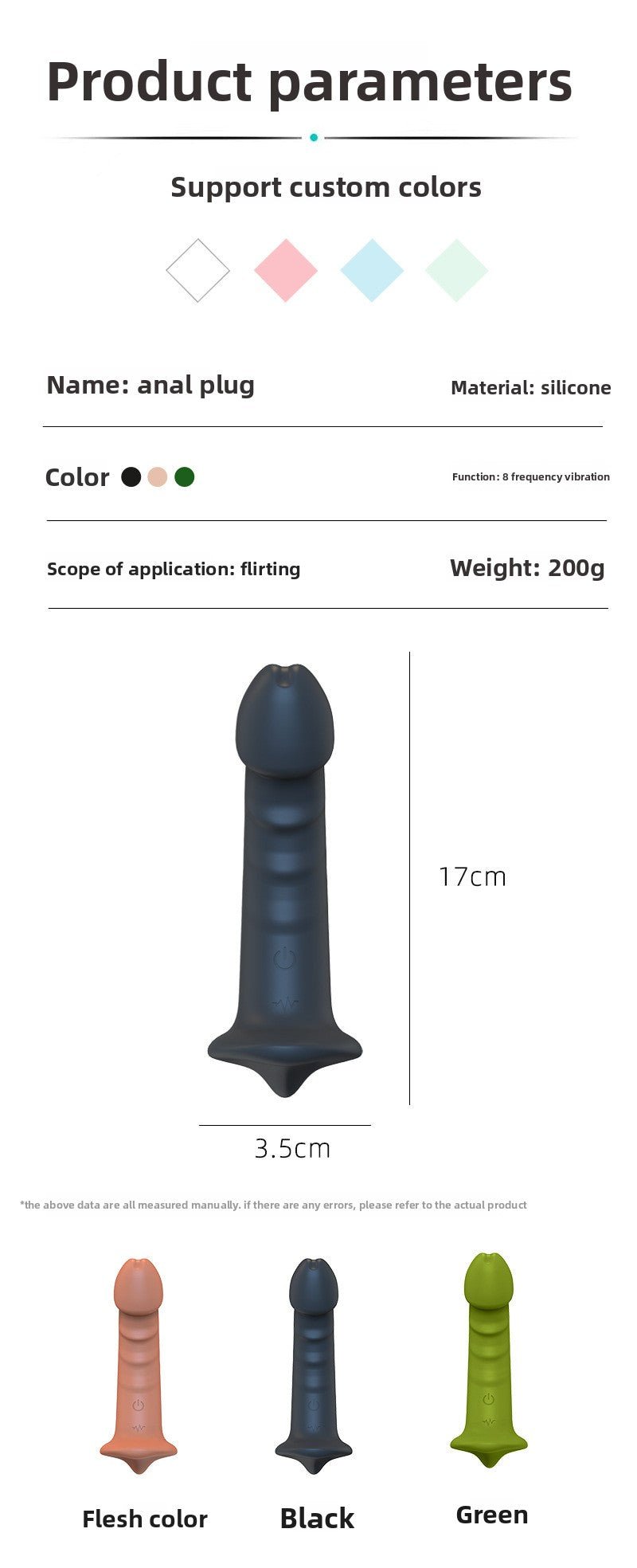 Product parameters for APP vibrating anal plug including size, material, color options, and vibration function for erotic play.