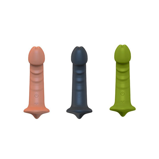 Color options of APP vibrating anal plugs in flesh, black, and green, all featuring app control and body-safe silicone material.