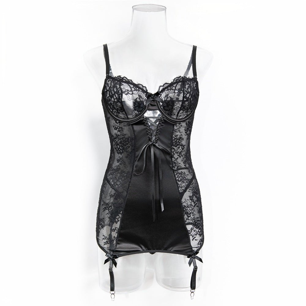 Black Lace Satin Suspender Lingerie for Temptation Nightgown - EaseMode Wellness