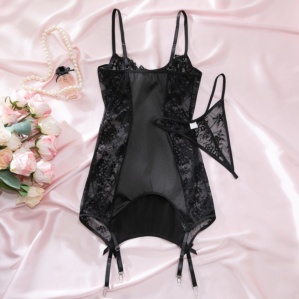 Black Lace Satin Suspender Lingerie for Temptation Nightgown - EaseMode Wellness