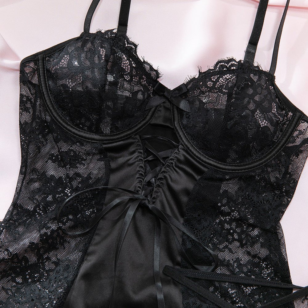 Black Lace Satin Suspender Lingerie for Temptation Nightgown - EaseMode Wellness