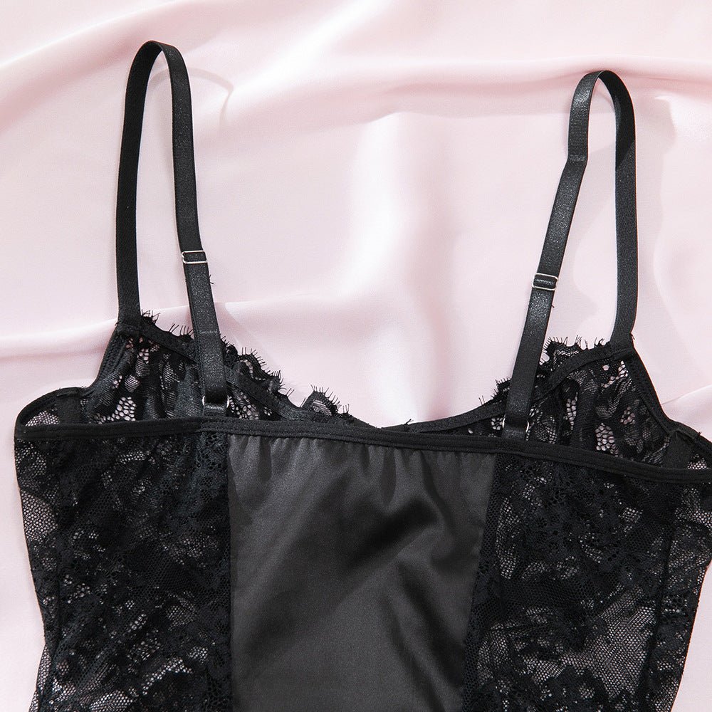 Black Lace Satin Suspender Lingerie for Temptation Nightgown - EaseMode Wellness
