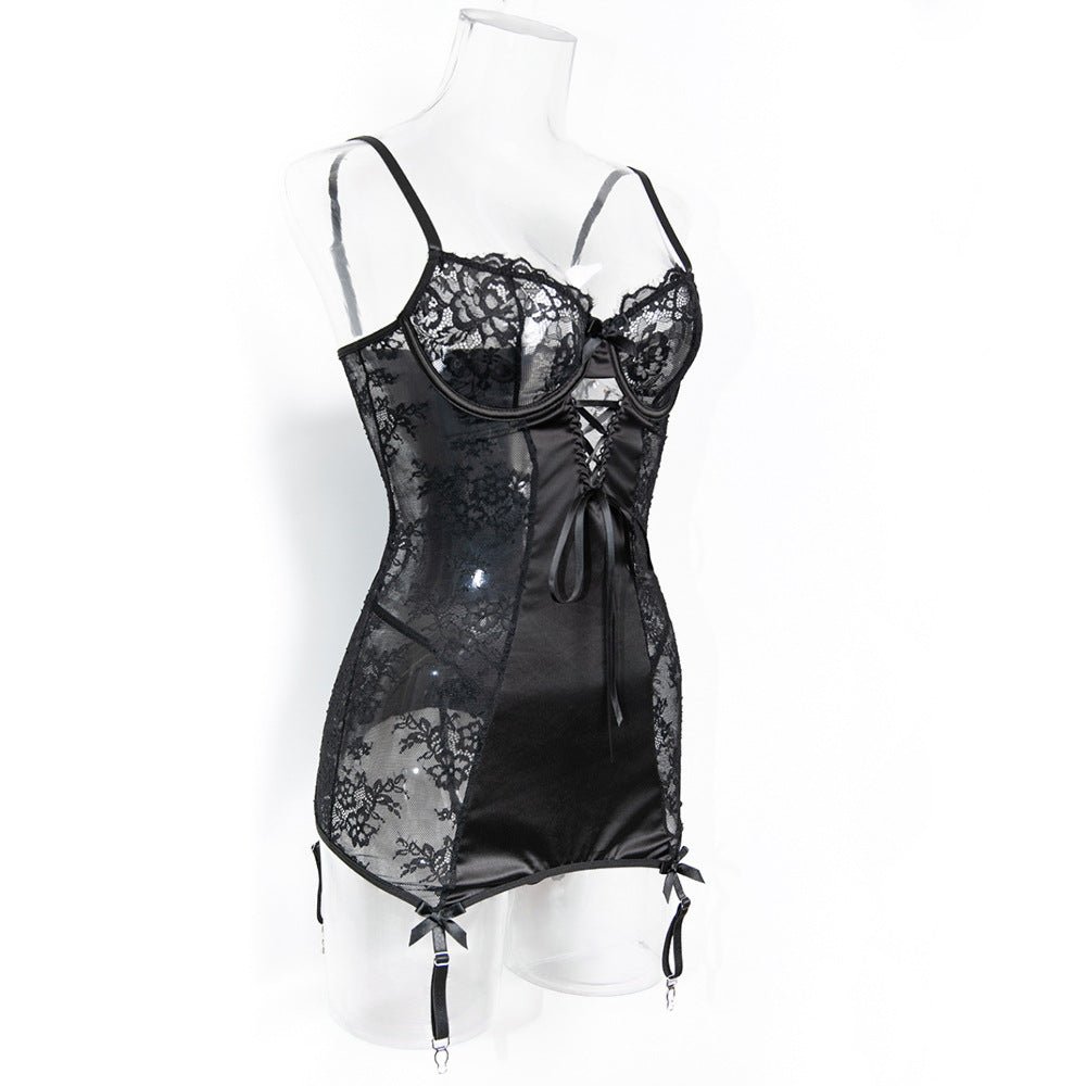 Black Lace Satin Suspender Lingerie for Temptation Nightgown - EaseMode Wellness
