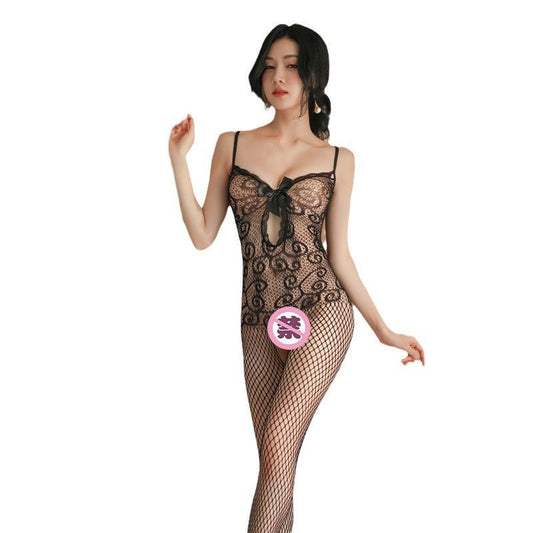 Black Open Crotch Lingerie Set with Stockings - EaseMode Wellness
