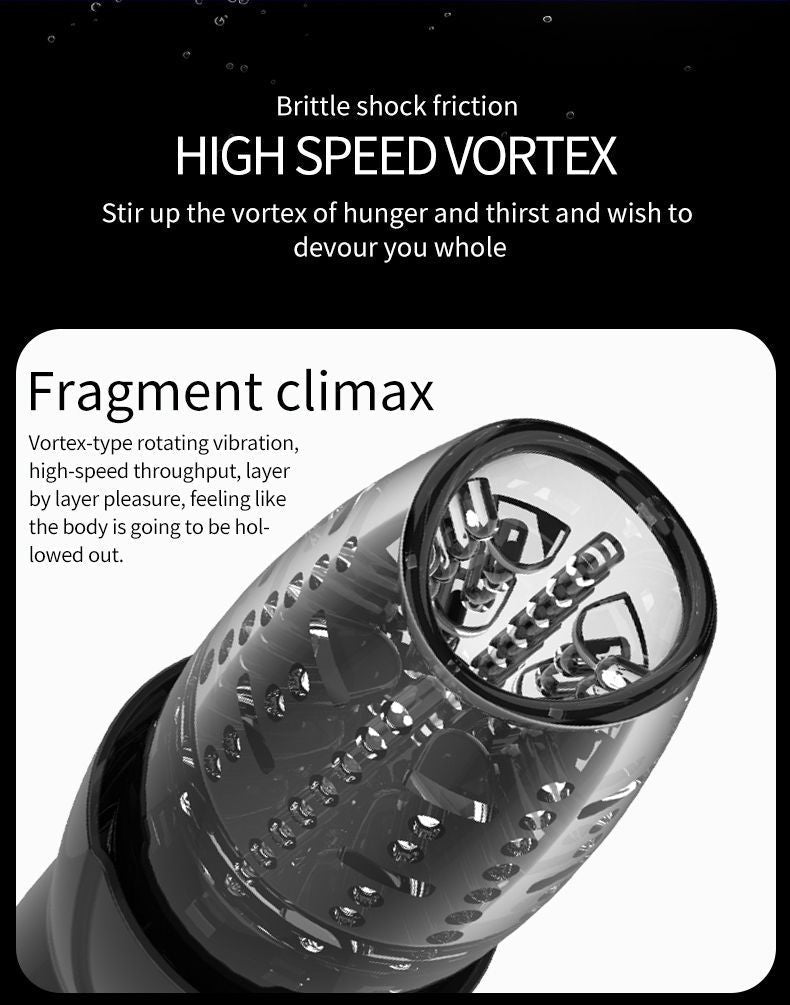 High-speed vortex rotating male masturbator with layered stimulation and intense vibration, designed for immersive climax experience.