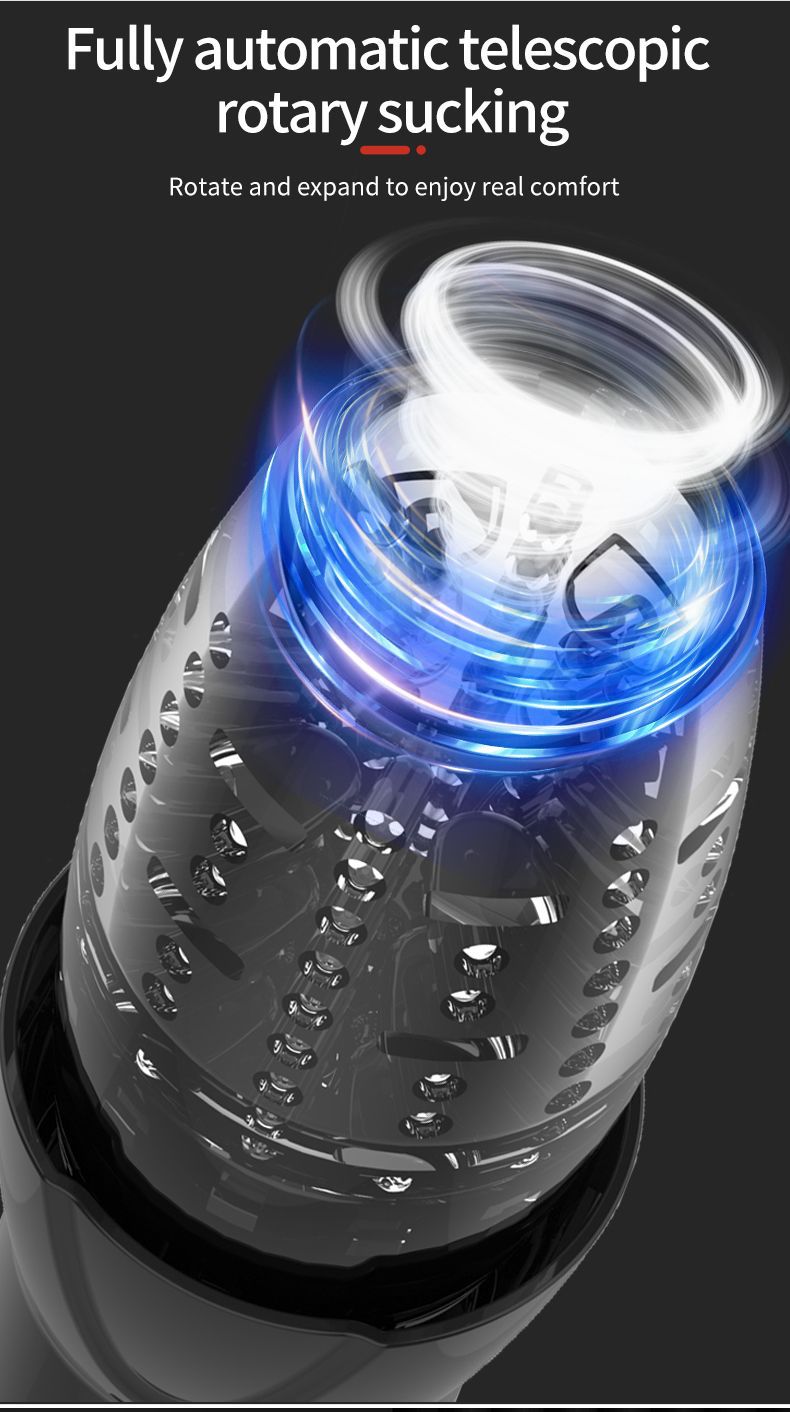 Fully automatic telescopic male masturbator with rotating suction and blue LED effect, offering realistic and comfortable stimulation.