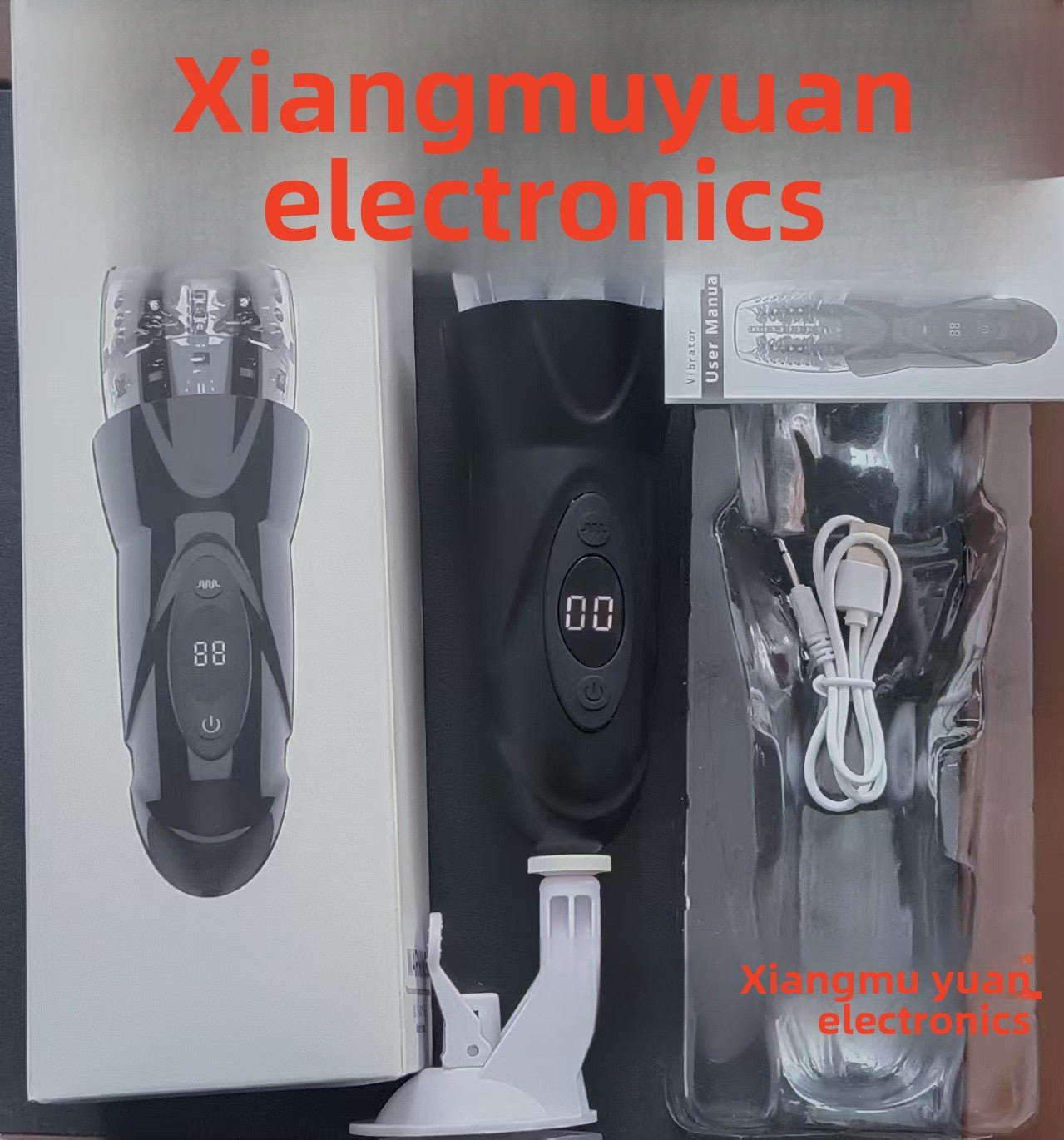 Electric 360° rotating male masturbator kit by Xiangmuyuan Electronics, includes suction base, USB cable, and user manual.