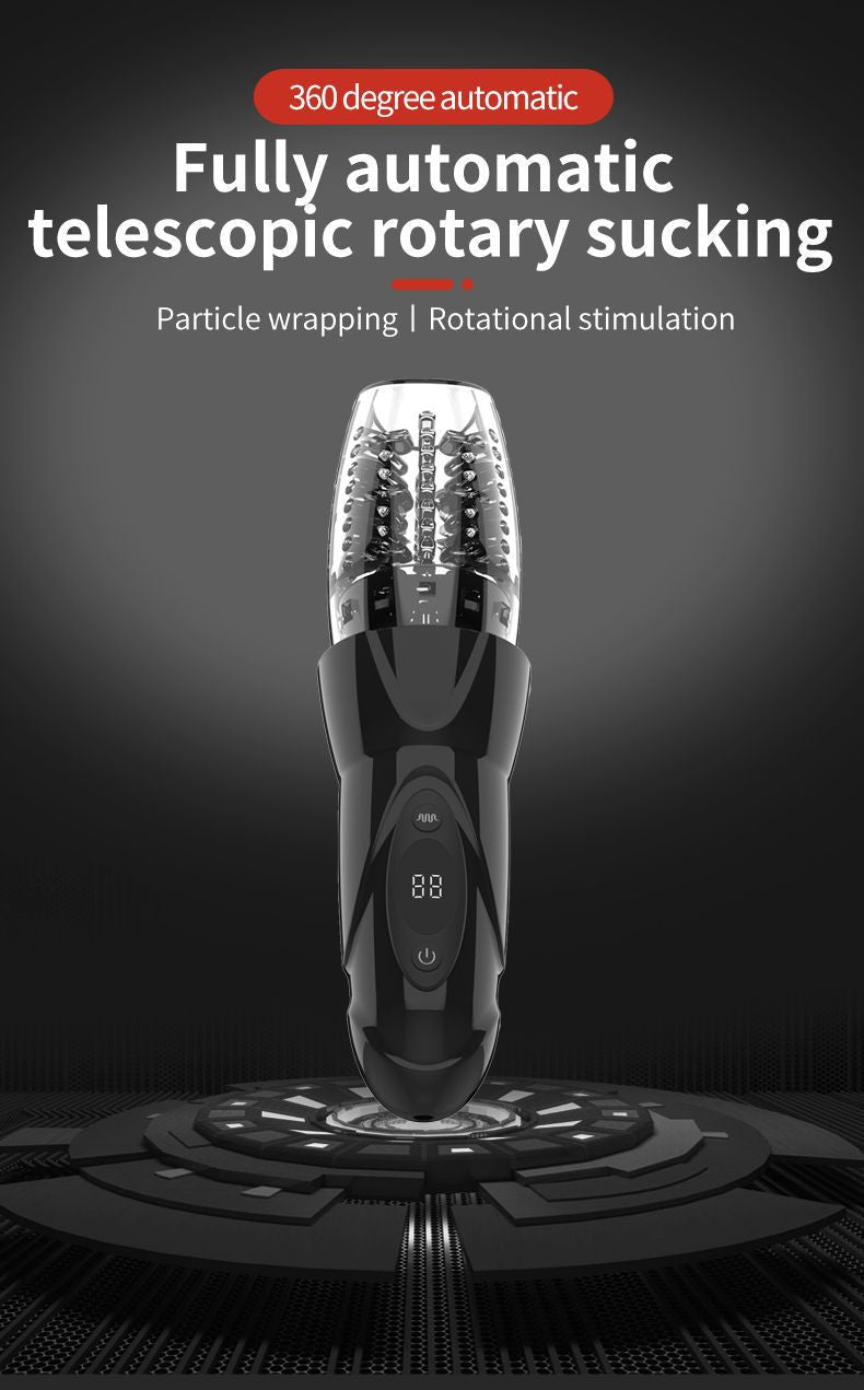 Electric 360° rotating male masturbator with telescopic suction and particle wrapping, offering full automatic stimulation and comfort.