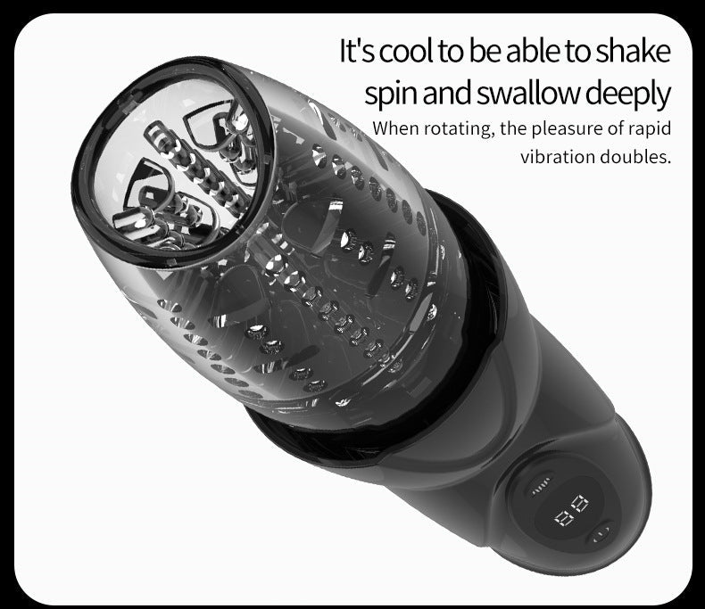 Electric 360° rotating male masturbator with deep vibration and spinning function, enhancing pleasure with dual stimulation modes.