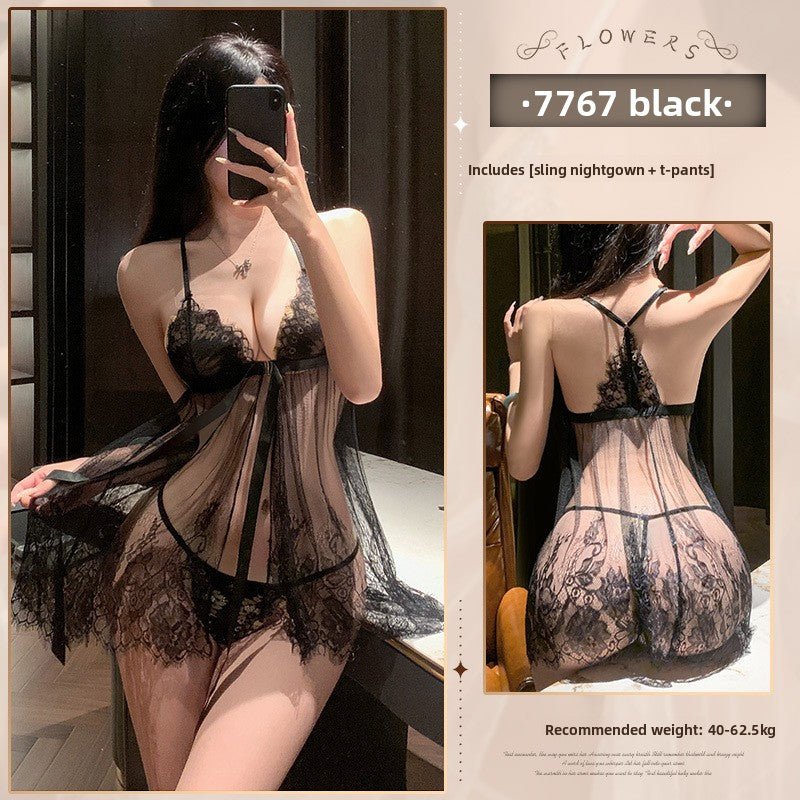 Lace Open Front Nightgown Set - Lace Open Front Lingerie Set - EaseMode Wellness