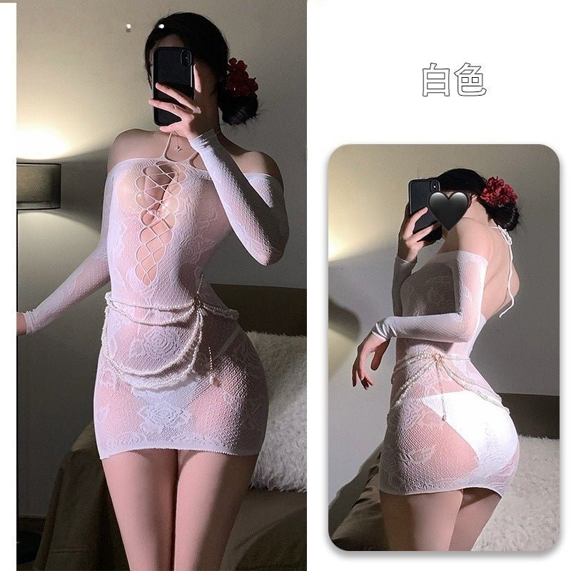 Off - Shoulder Hanging Neck Slimming Transparent Hollow - Out Sexy Tempting Women's One - Piece Mesh Dress with Bodycon Skirt - EaseMode Wellness