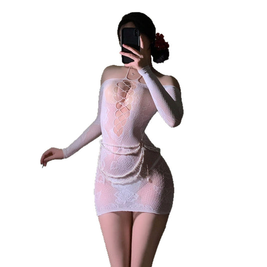 Off - Shoulder Hanging Neck Slimming Transparent Hollow - Out Sexy Tempting Women's One - Piece Mesh Dress with Bodycon Skirt - EaseMode Wellness