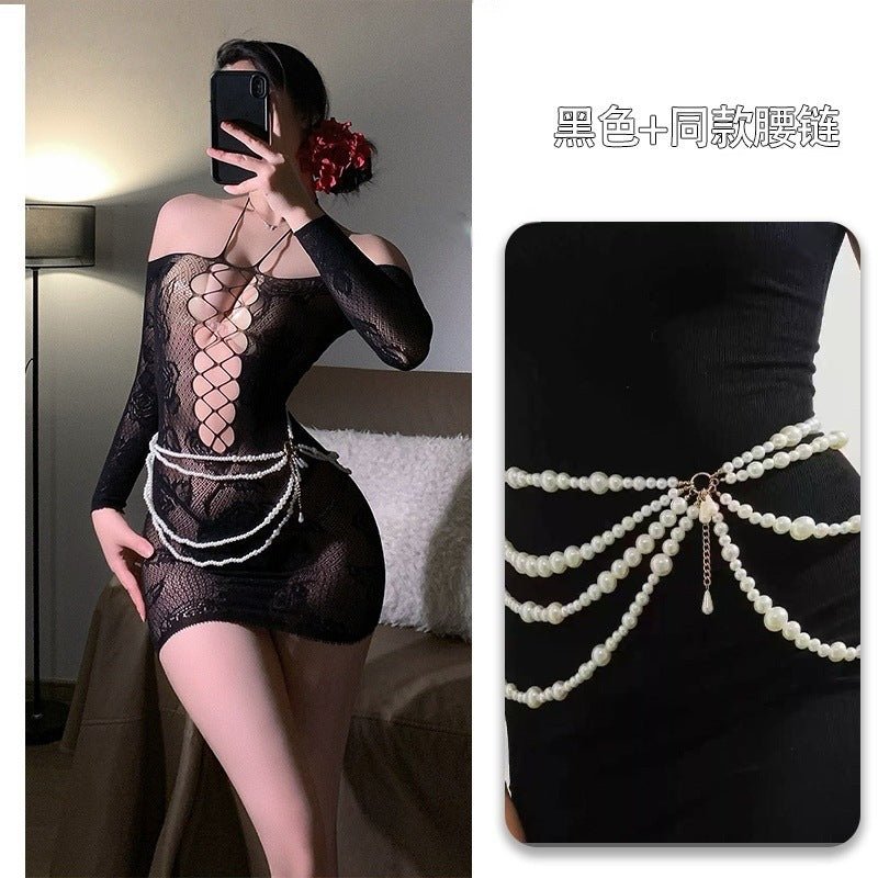 Off - Shoulder Hanging Neck Slimming Transparent Hollow - Out Sexy Tempting Women's One - Piece Mesh Dress with Bodycon Skirt - EaseMode Wellness