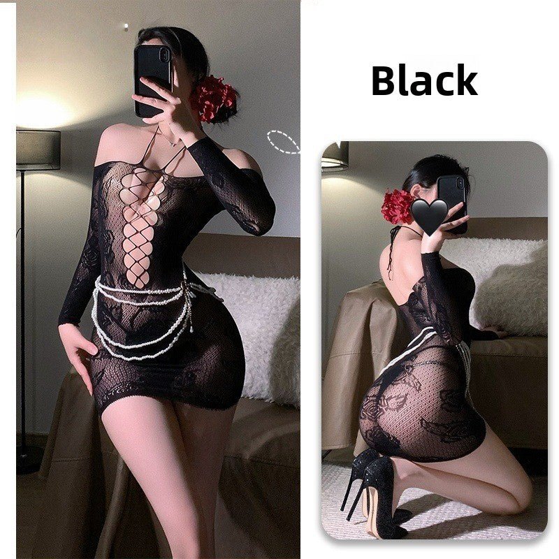 Off - Shoulder Hanging Neck Slimming Transparent Hollow - Out Sexy Tempting Women's One - Piece Mesh Dress with Bodycon Skirt - EaseMode Wellness
