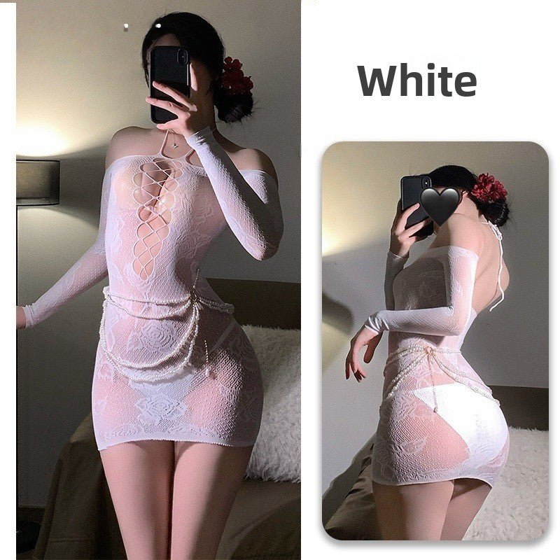 Off - Shoulder Hanging Neck Slimming Transparent Hollow - Out Sexy Tempting Women's One - Piece Mesh Dress with Bodycon Skirt - EaseMode Wellness