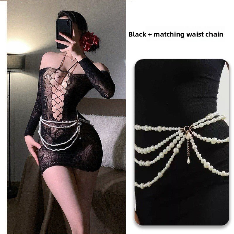 Off - Shoulder Hanging Neck Slimming Transparent Hollow - Out Sexy Tempting Women's One - Piece Mesh Dress with Bodycon Skirt - EaseMode Wellness
