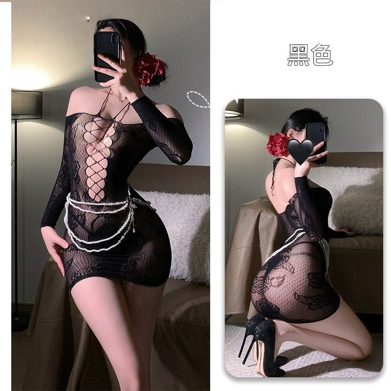 Off - Shoulder Hanging Neck Slimming Transparent Hollow - Out Sexy Tempting Women's One - Piece Mesh Dress with Bodycon Skirt - EaseMode Wellness