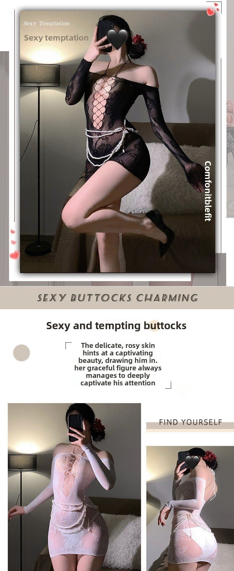 Off - Shoulder Hanging Neck Slimming Transparent Hollow - Out Sexy Tempting Women's One - Piece Mesh Dress with Bodycon Skirt - EaseMode Wellness