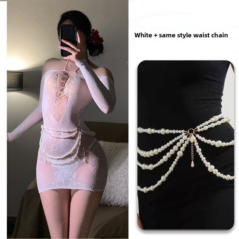 Off - Shoulder Hanging Neck Slimming Transparent Hollow - Out Sexy Tempting Women's One - Piece Mesh Dress with Bodycon Skirt - EaseMode Wellness