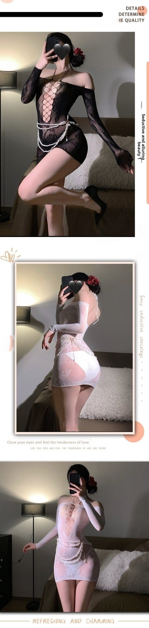 Off - Shoulder Hanging Neck Slimming Transparent Hollow - Out Sexy Tempting Women's One - Piece Mesh Dress with Bodycon Skirt - EaseMode Wellness