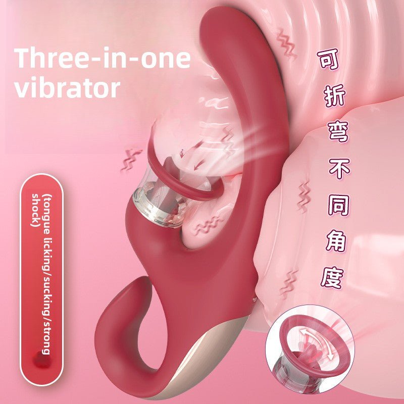 红色三合一震动器展示图，突出可折弯设计与吸吮舌舔功能，适合成人用品类目。