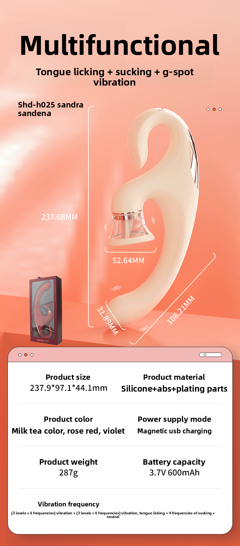 多功能震动器产品参数图，展示吸吮、舌舔与G点震动功能，适合成人用品电商平台。