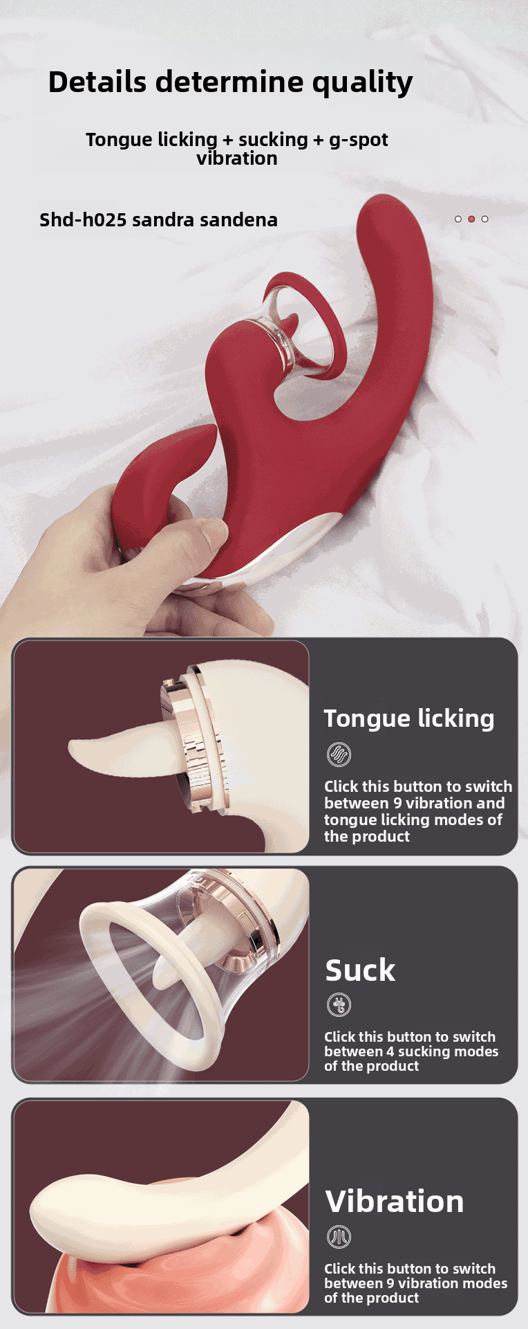 红色多功能震动器功能说明图，展示吸吮、舌舔与震动三种模式，适合情趣用品市场。