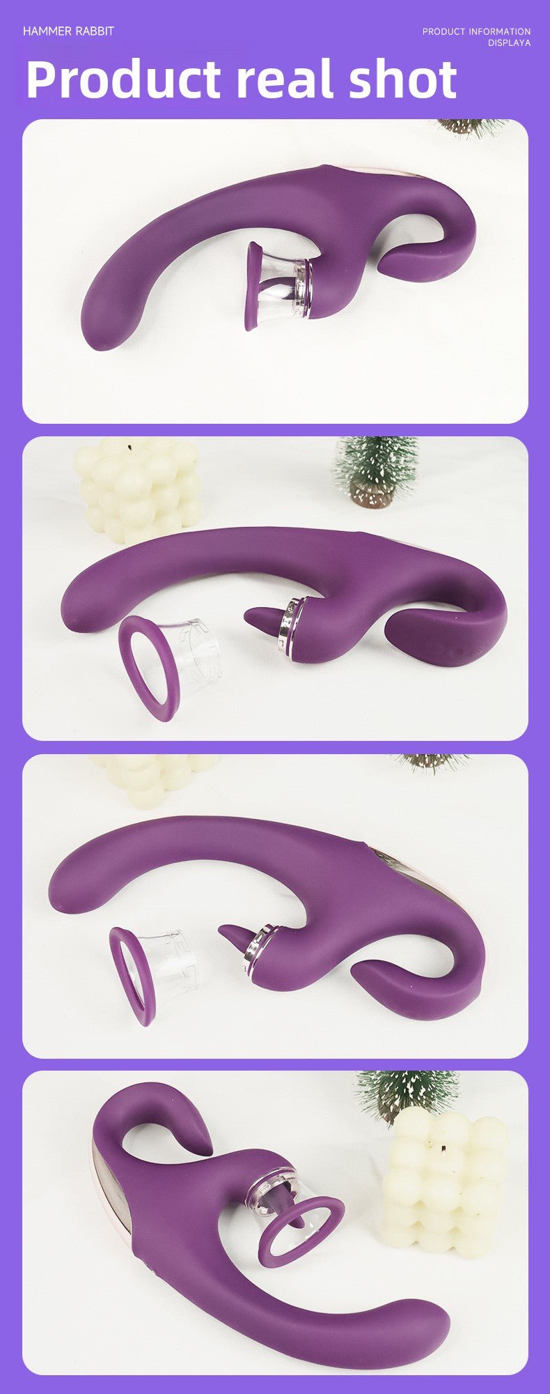 紫色多功能震动器实拍图，展示吸吮与舌头设计，适合情趣用品电商展示。