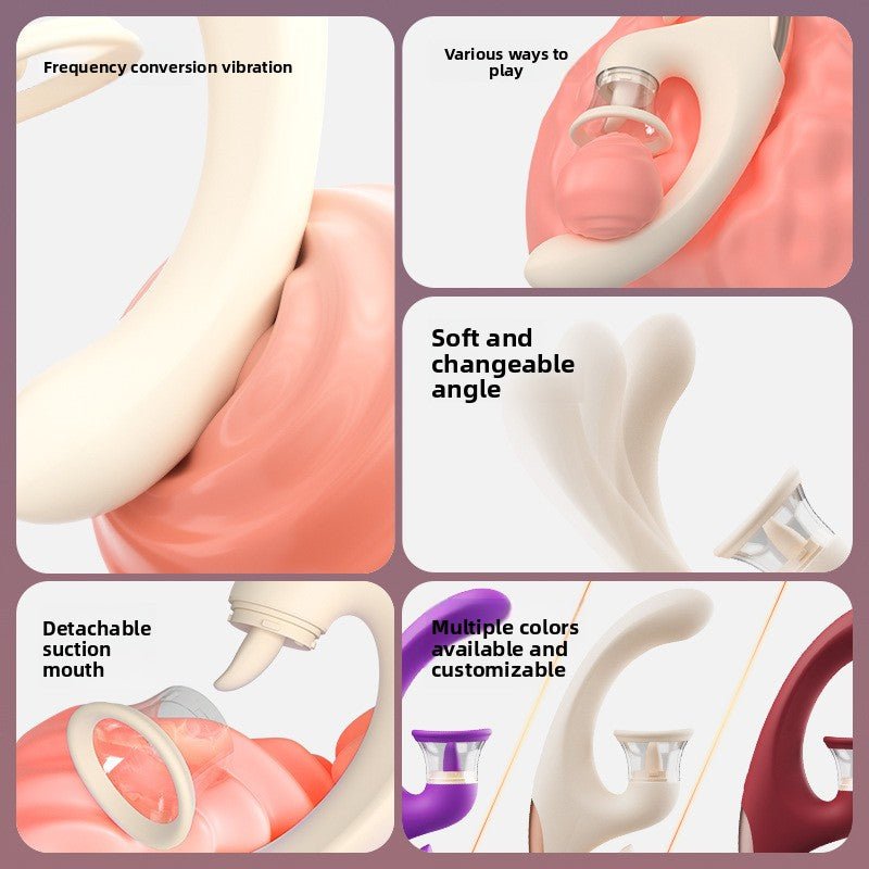 多功能震动器使用方式图解，展示吸吮口可拆卸与多角度玩法，适合电商产品详情页。