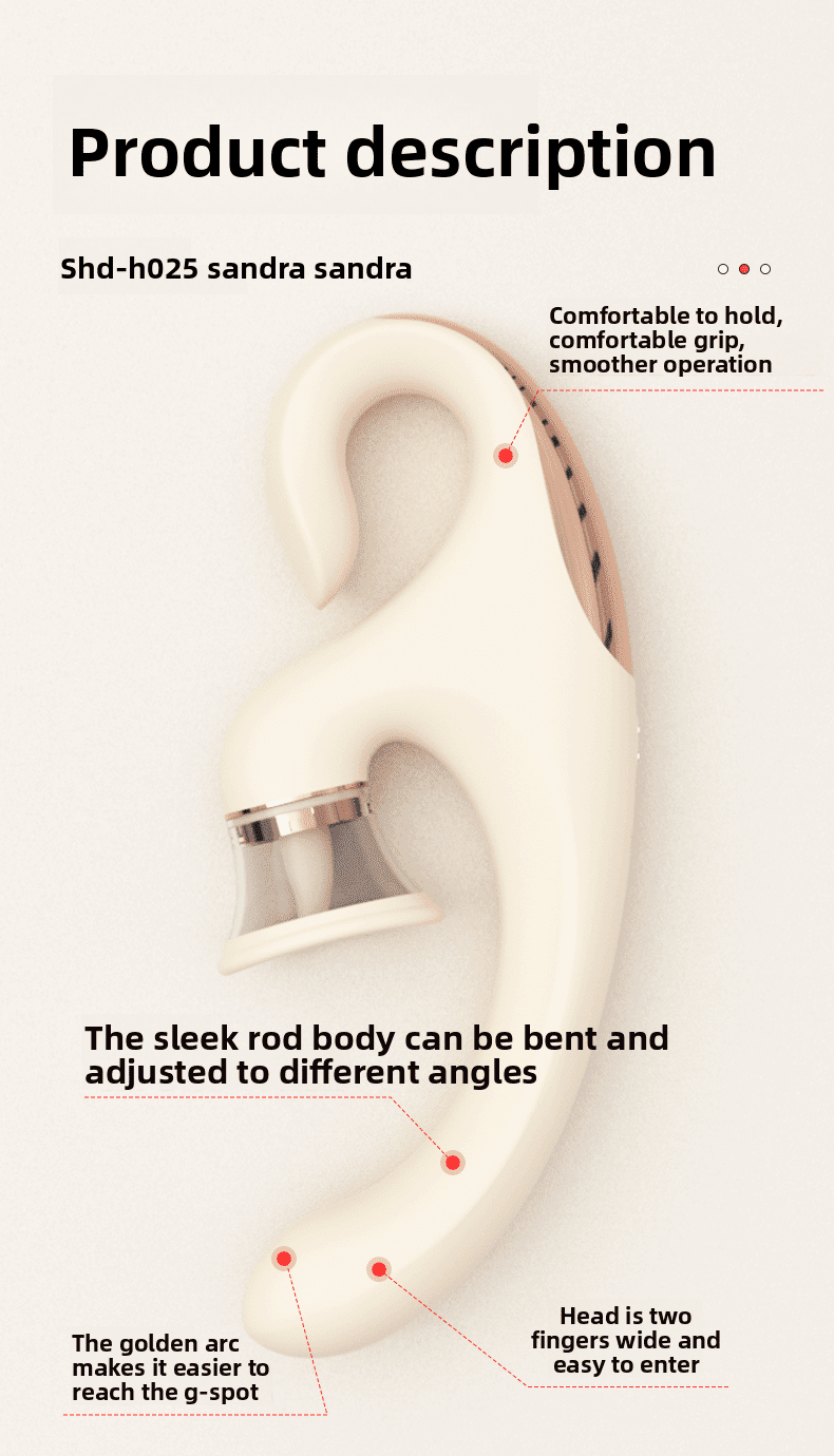 奶白色多功能震动器产品描述图，展示可弯曲设计与G点刺激功能，适合成人用品市场。