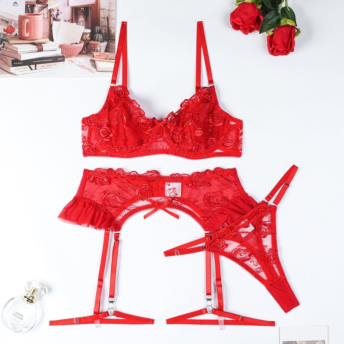 Red Rose Embroidered Lingerie - 3 - Piece Sheer Camisole & Shapewear Set - EaseMode Wellness