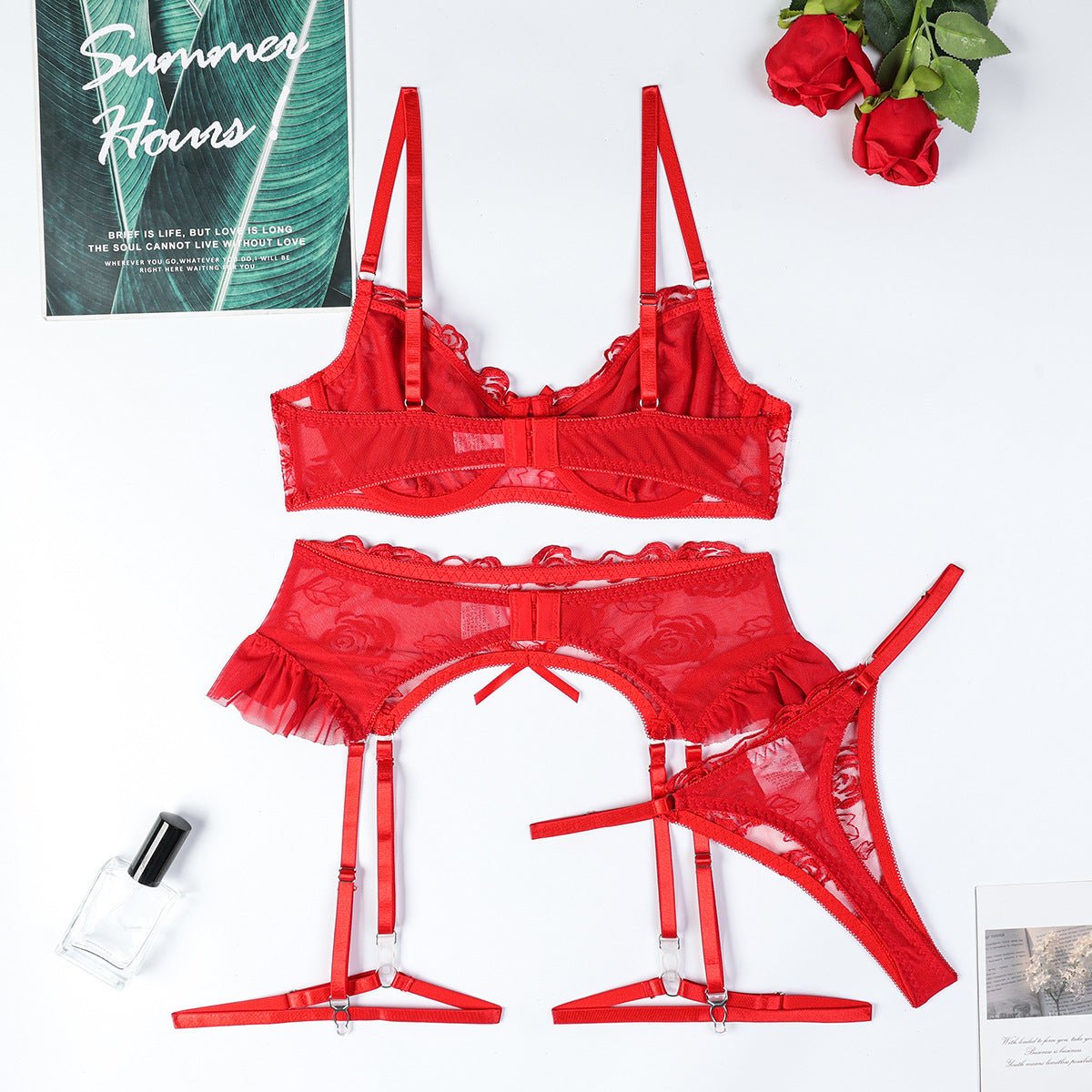 Red Rose Embroidered Lingerie - 3 - Piece Sheer Camisole & Shapewear Set - EaseMode Wellness