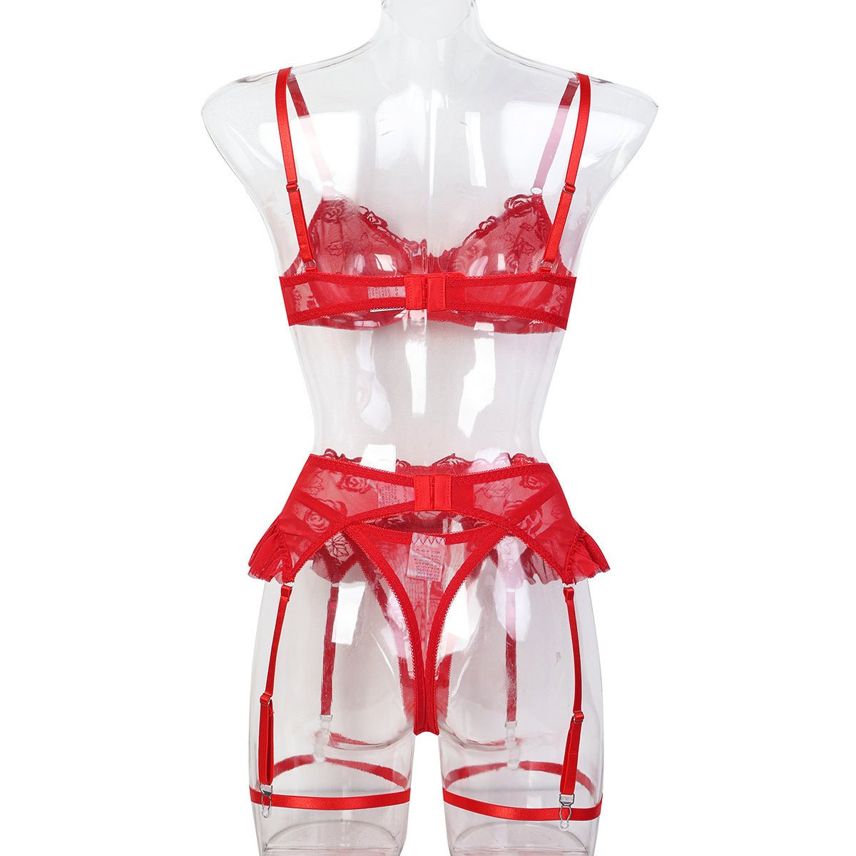 Red Rose Embroidered Lingerie - 3 - Piece Sheer Camisole & Shapewear Set - EaseMode Wellness