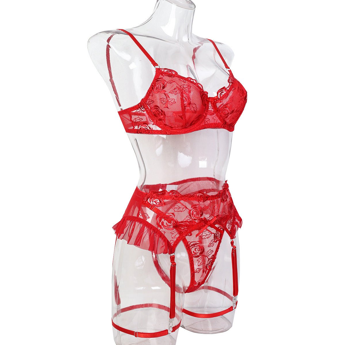 Red Rose Embroidered Lingerie - 3 - Piece Sheer Camisole & Shapewear Set - EaseMode Wellness