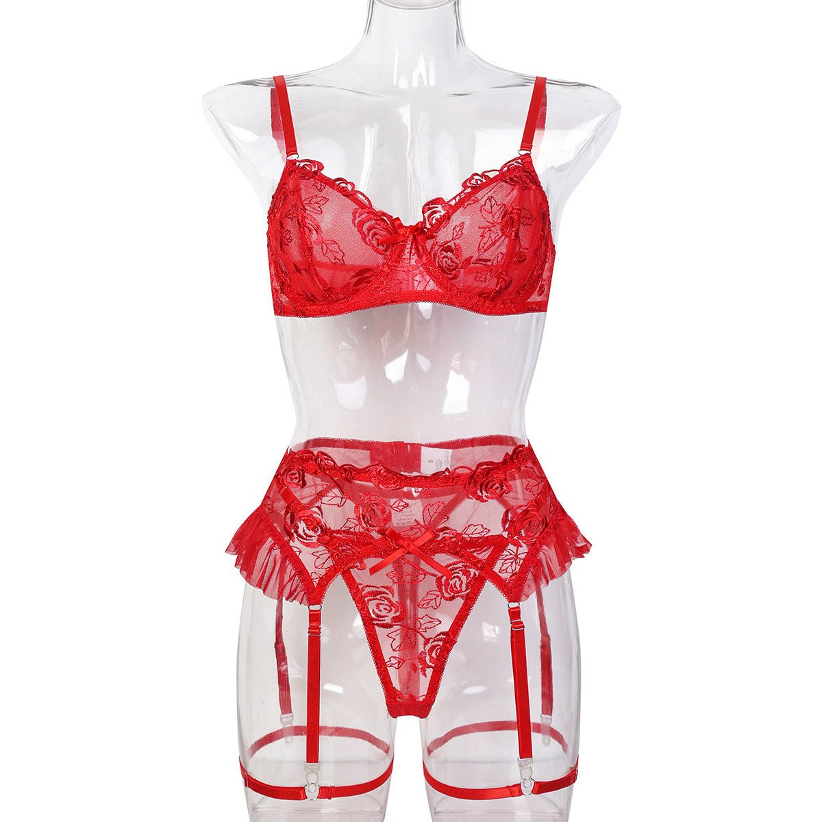 Red Rose Embroidered Lingerie - 3 - Piece Sheer Camisole & Shapewear Set - EaseMode Wellness