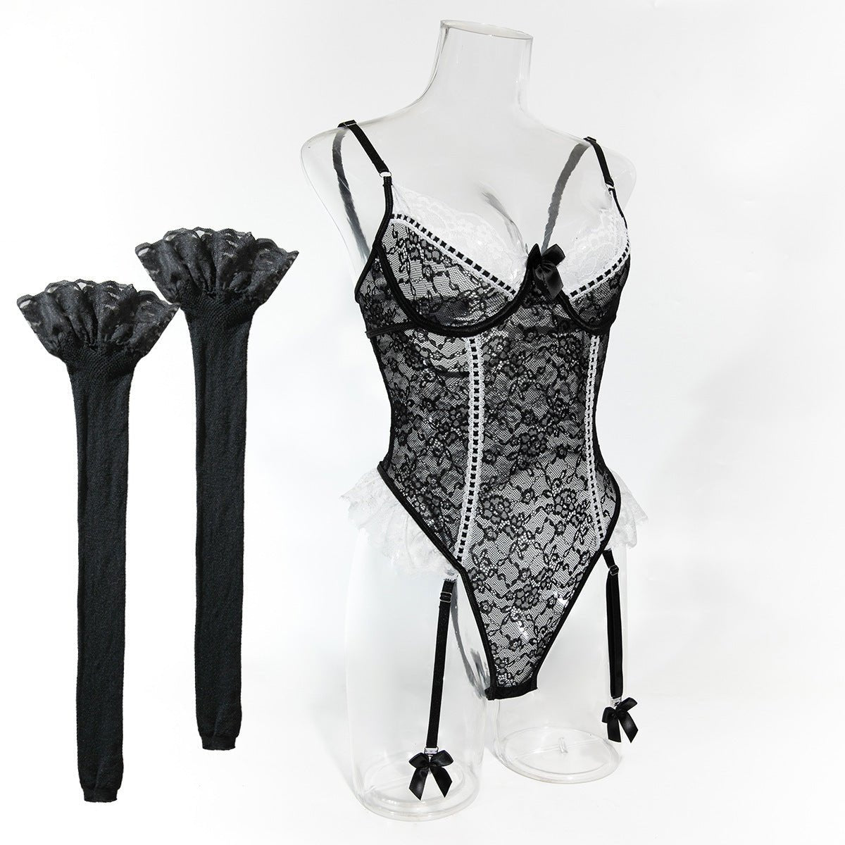 Romantic Lace Lingerie Set - Sheer Mesh Underwear with Silk Stockings - EaseMode Wellness