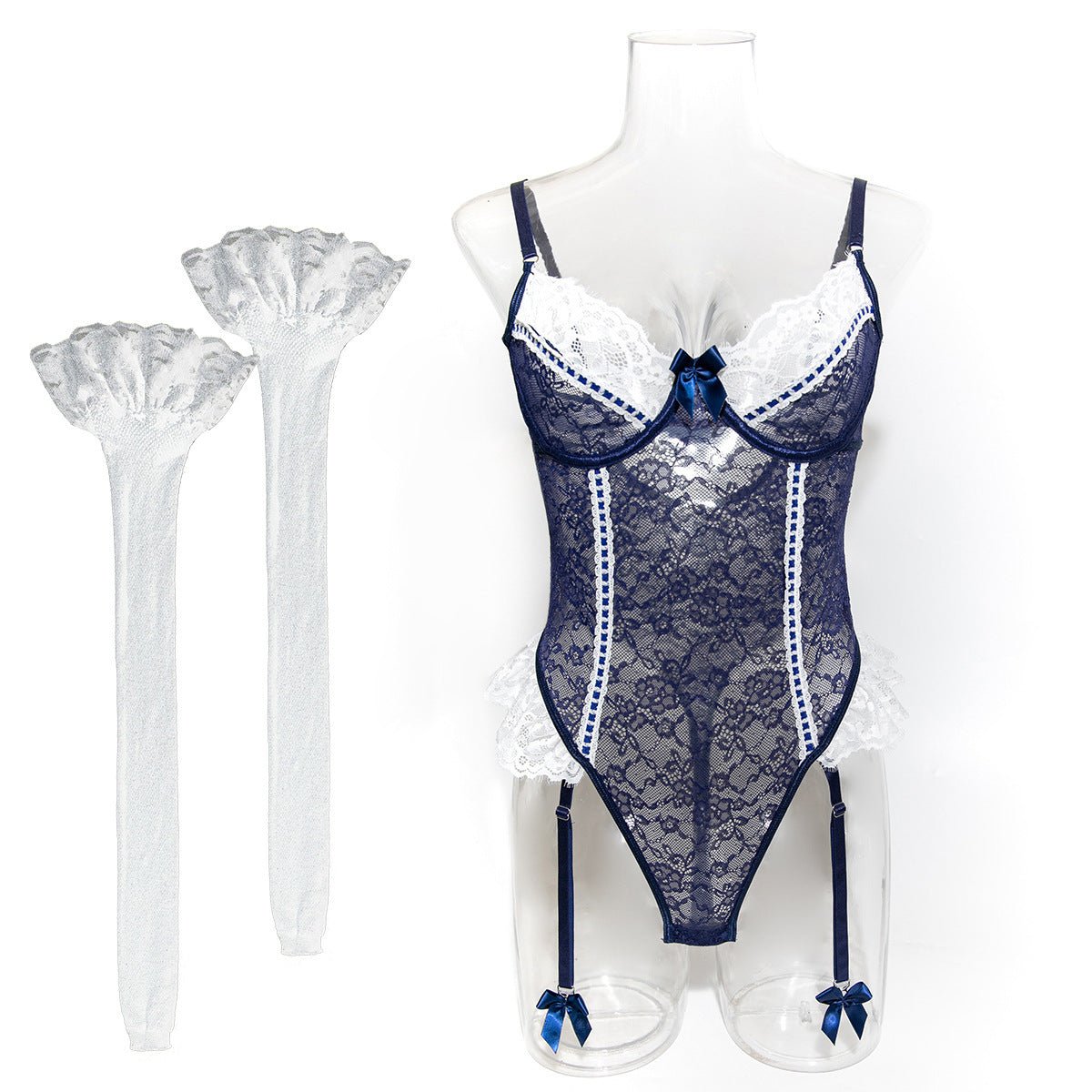 Romantic Lace Lingerie Set - Sheer Mesh Underwear with Silk Stockings - EaseMode Wellness