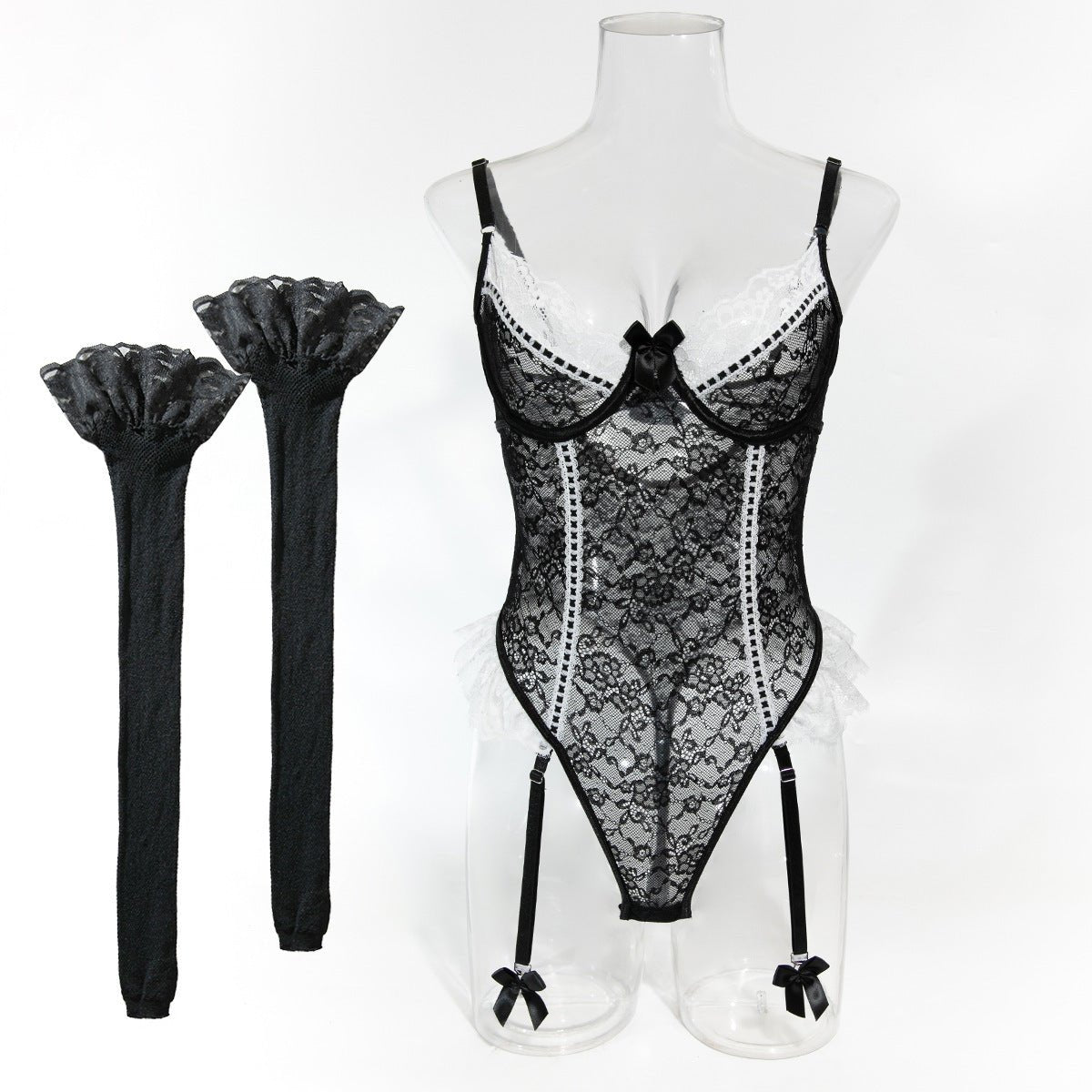 Romantic Lace Lingerie Set - Sheer Mesh Underwear with Silk Stockings - EaseMode Wellness