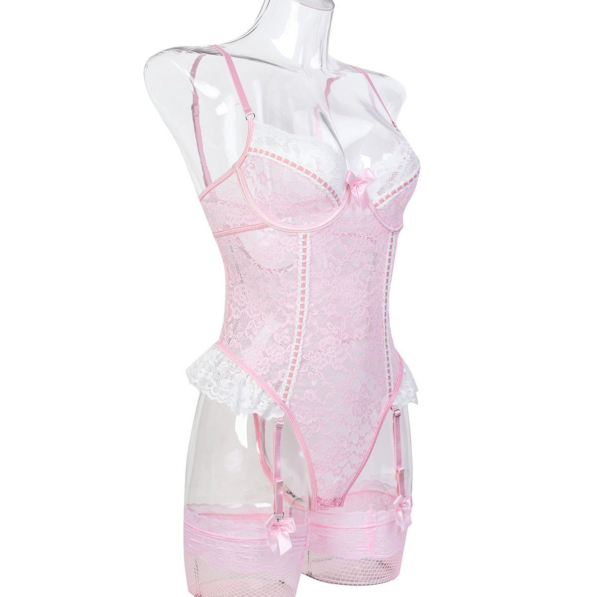 Romantic Lace Lingerie Set - Sheer Mesh Underwear with Silk Stockings - EaseMode Wellness