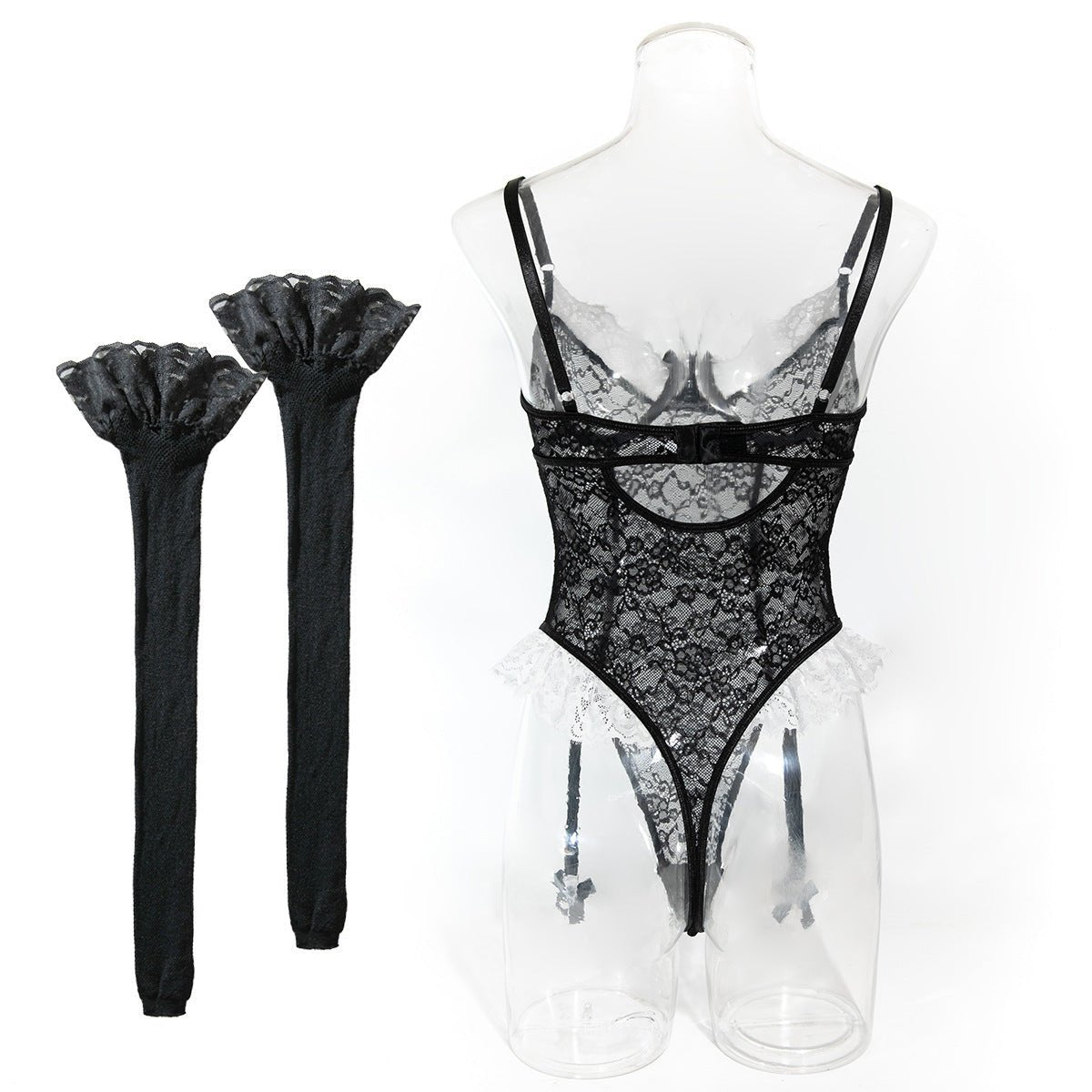 Romantic Lace Lingerie Set - Sheer Mesh Underwear with Silk Stockings - EaseMode Wellness