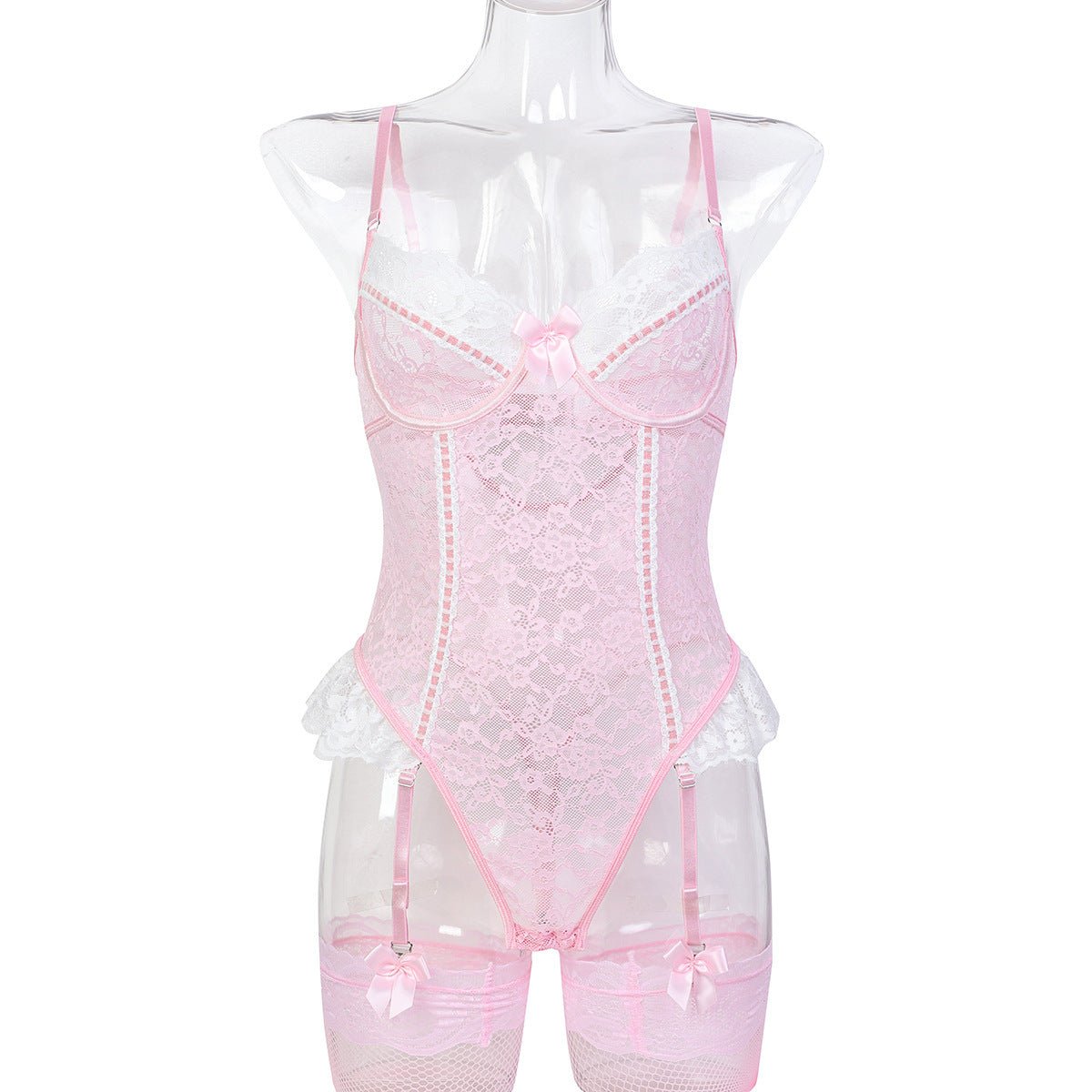 Romantic Lace Lingerie Set - Sheer Mesh Underwear with Silk Stockings - EaseMode Wellness