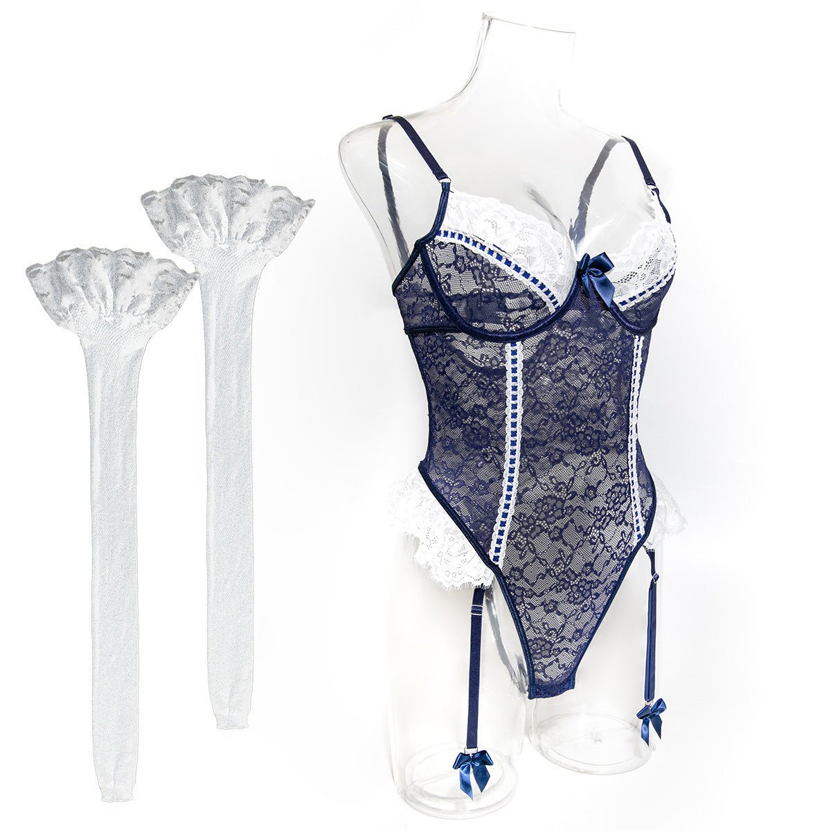 Romantic Lace Lingerie Set - Sheer Mesh Underwear with Silk Stockings - EaseMode Wellness