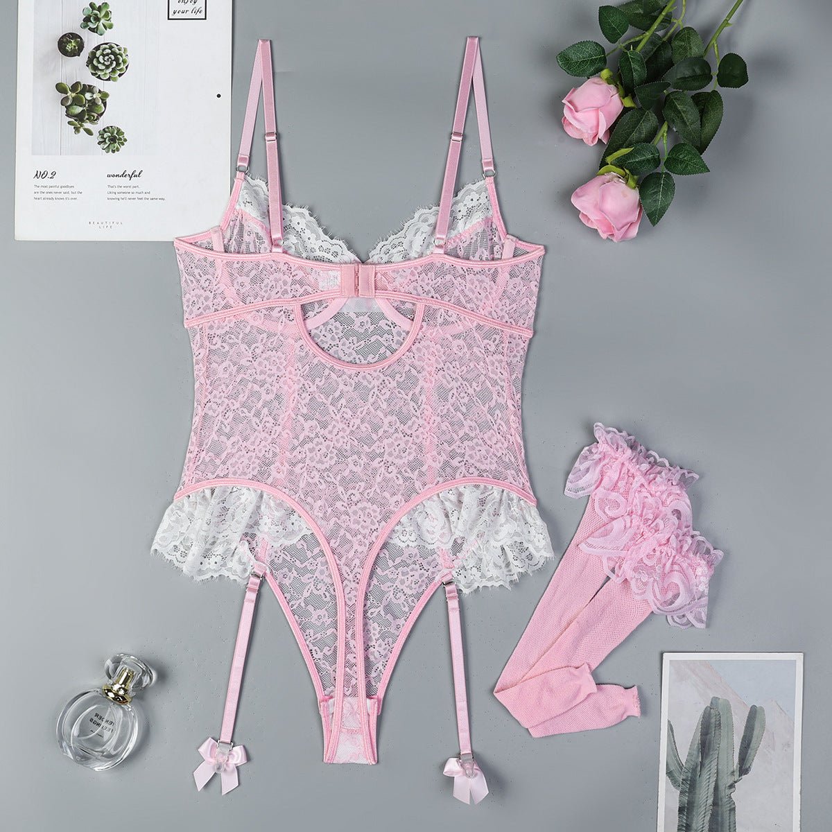 Romantic Lace Lingerie Set - Sheer Mesh Underwear with Silk Stockings - EaseMode Wellness