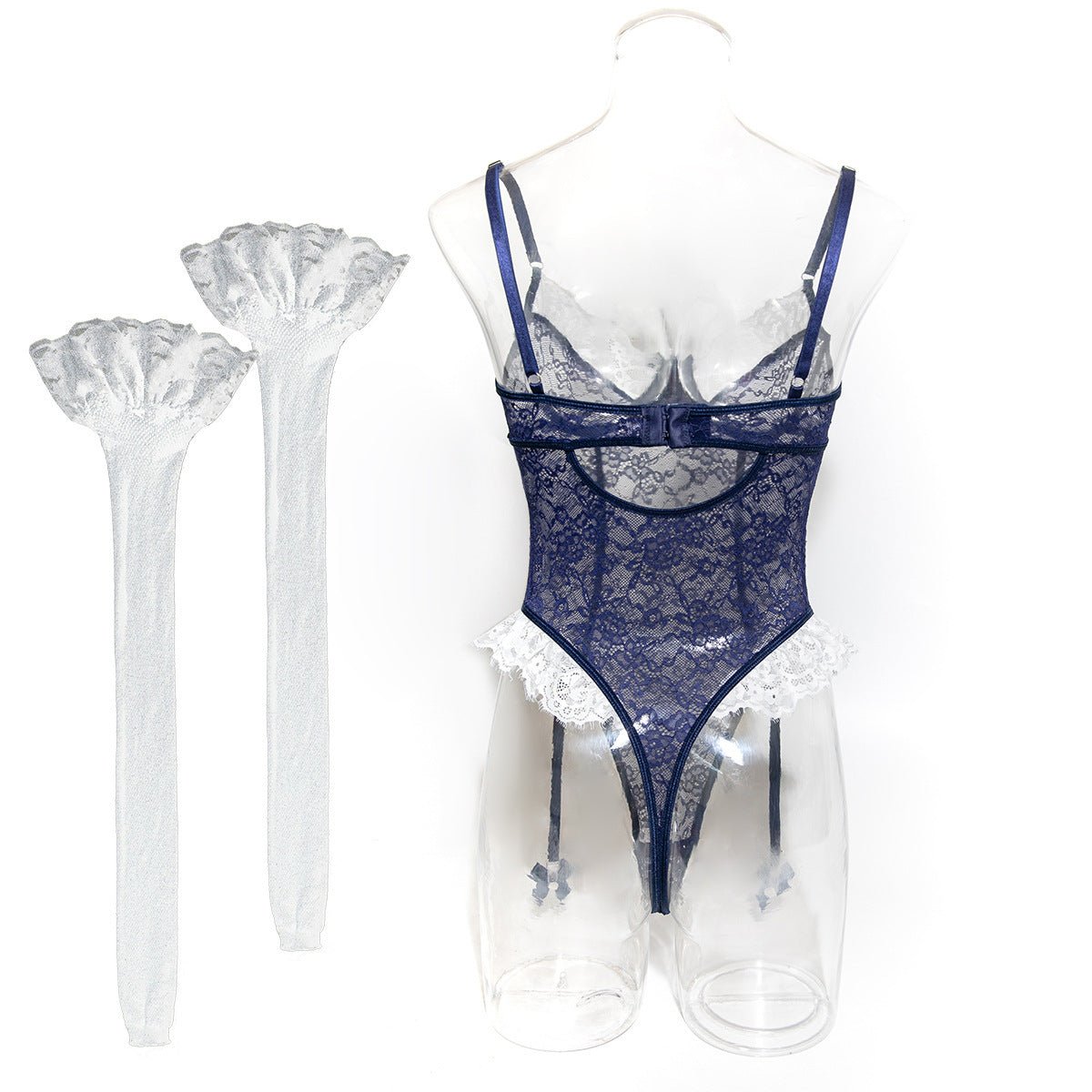 Romantic Lace Lingerie Set - Sheer Mesh Underwear with Silk Stockings - EaseMode Wellness