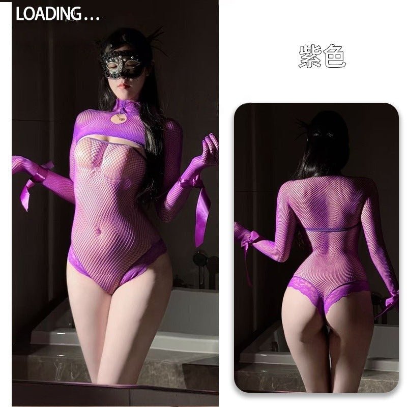 Seductive Lace - Up Mesh Bodysuit - Long Sleeve Sheer Lingerie - EaseMode Wellness