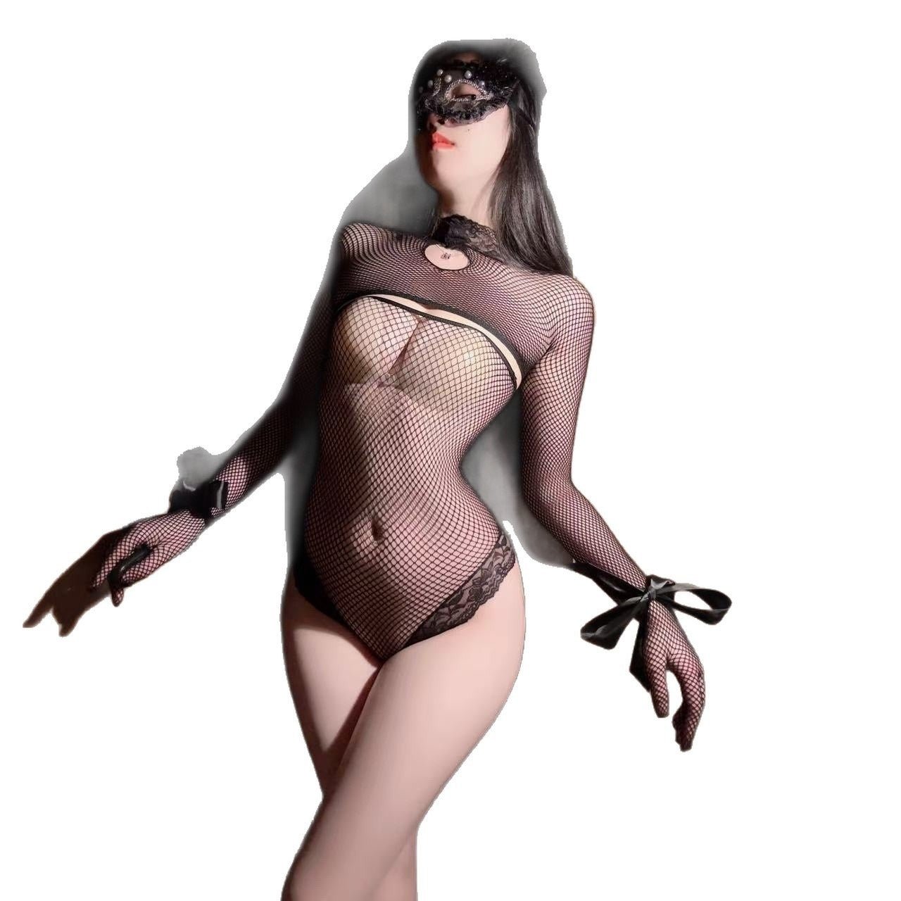 Seductive Lace - Up Mesh Bodysuit - Long Sleeve Sheer Lingerie - EaseMode Wellness