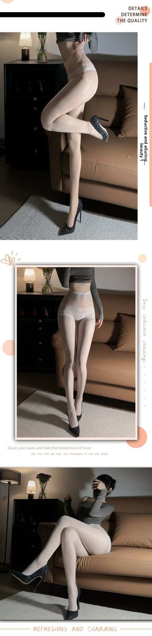 Shiny Silk Stockings Bodysuit - Lace Transparent High Waist Open - Crotch - EaseMode Wellness
