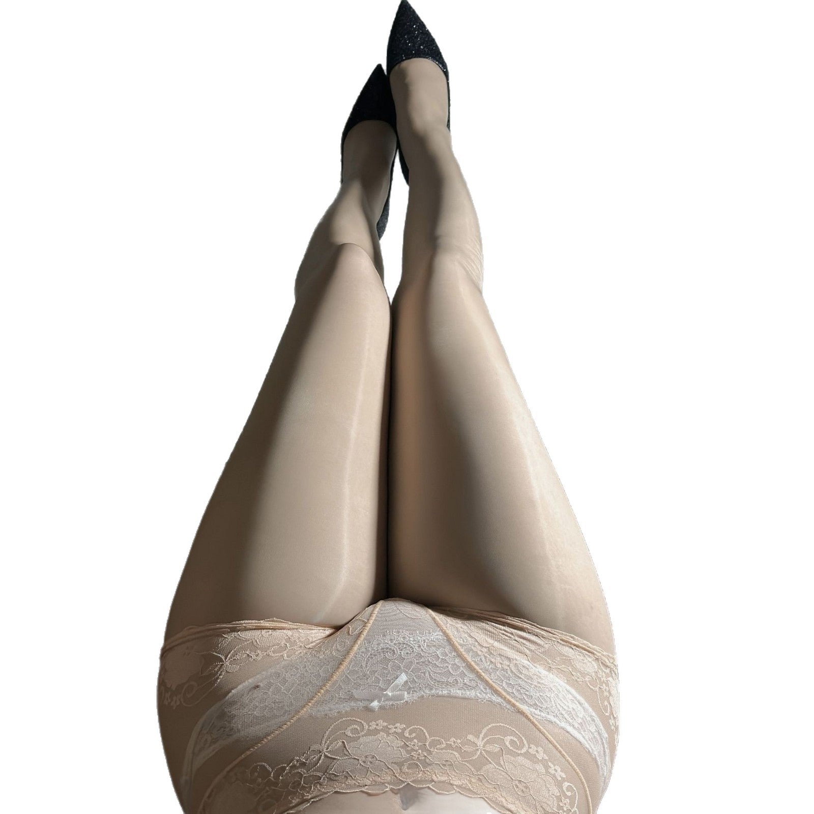 Shiny Silk Stockings Bodysuit - Lace Transparent High Waist Open - Crotch - EaseMode Wellness